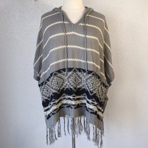 ONE WORLD Stone Gray Tassel Fringe  Hooded Lightweight Knit Poncho Size XL